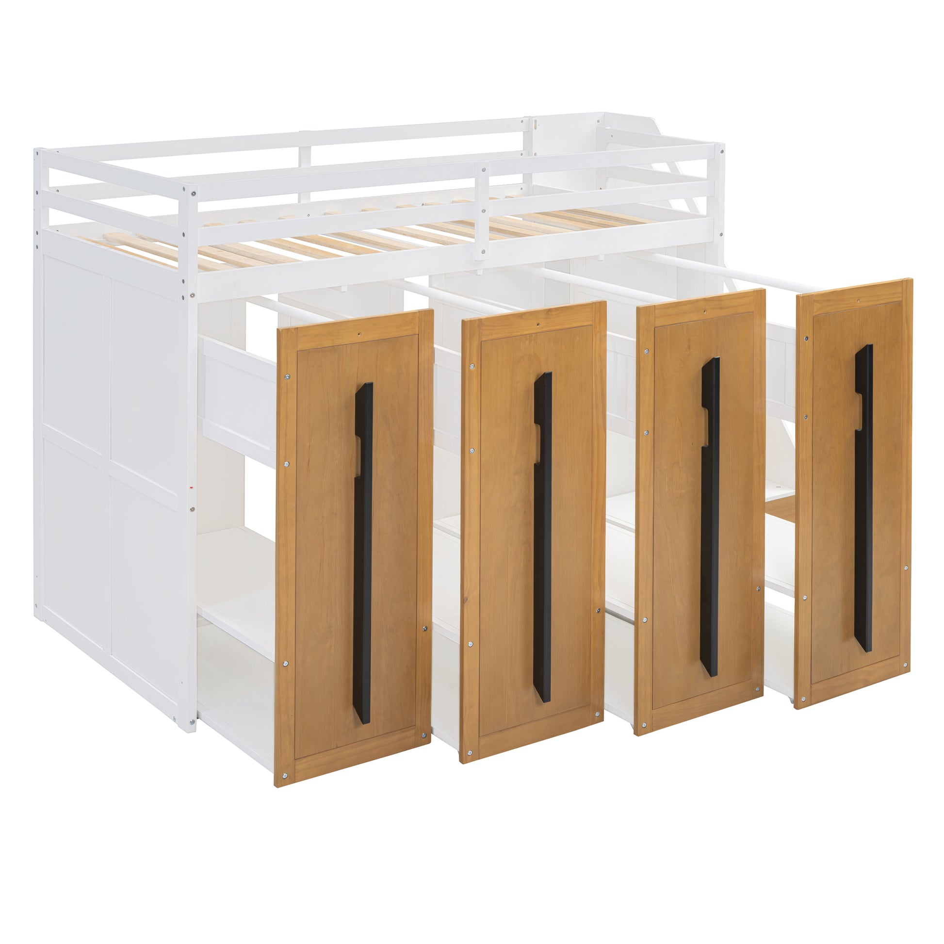 Modern Loft Bed With Two Tone Storage Stairs And Pull Out Wardrobes, White Twin White Solid Wood Mdf