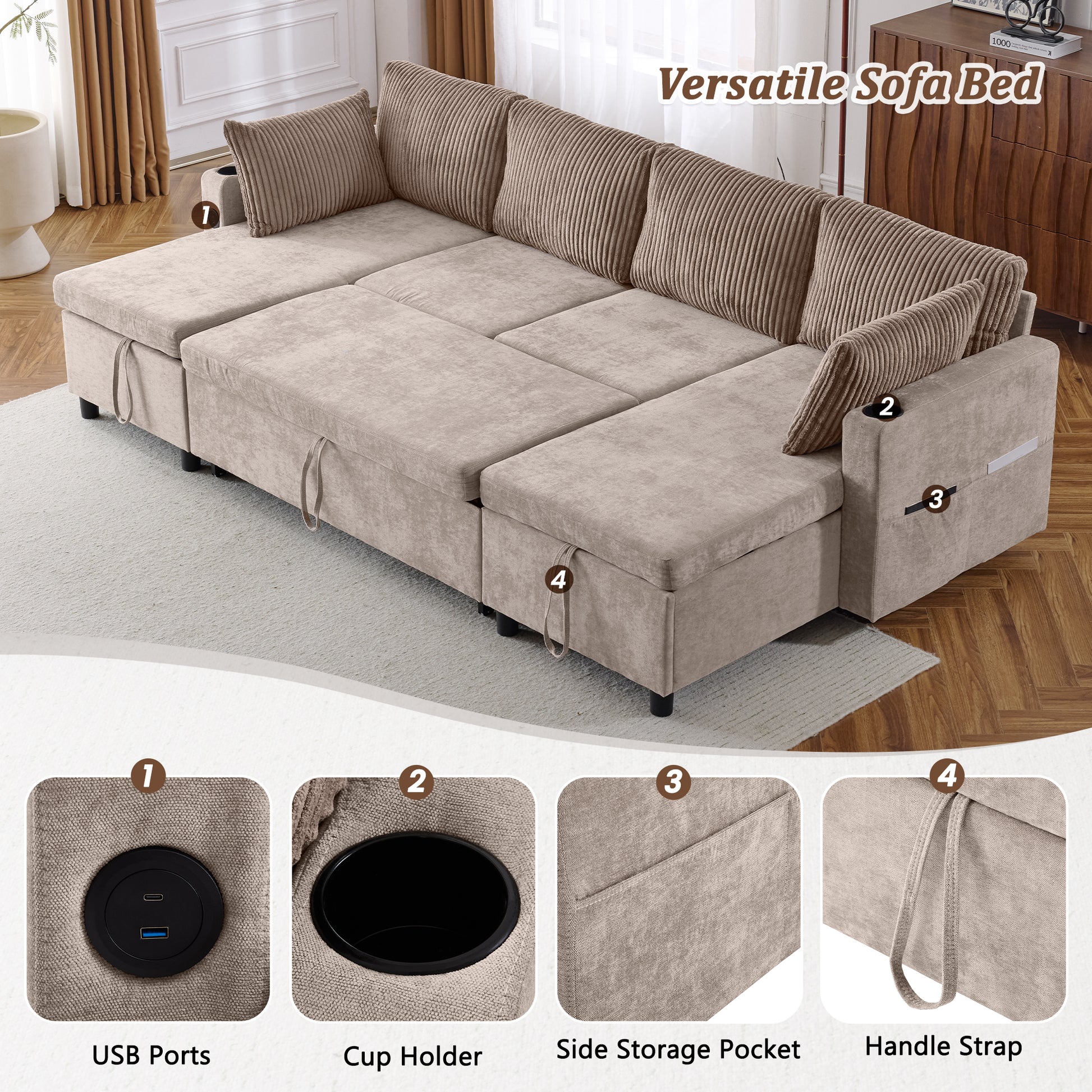 111.8" Sectional Sofa Pull Out Sofa Bed Versatile Sofa Sleeper With Large Storage Space, Two Usb Ports And Two Cup Holders For Living Room, Brown Brown Foam Chenille 4 Seat