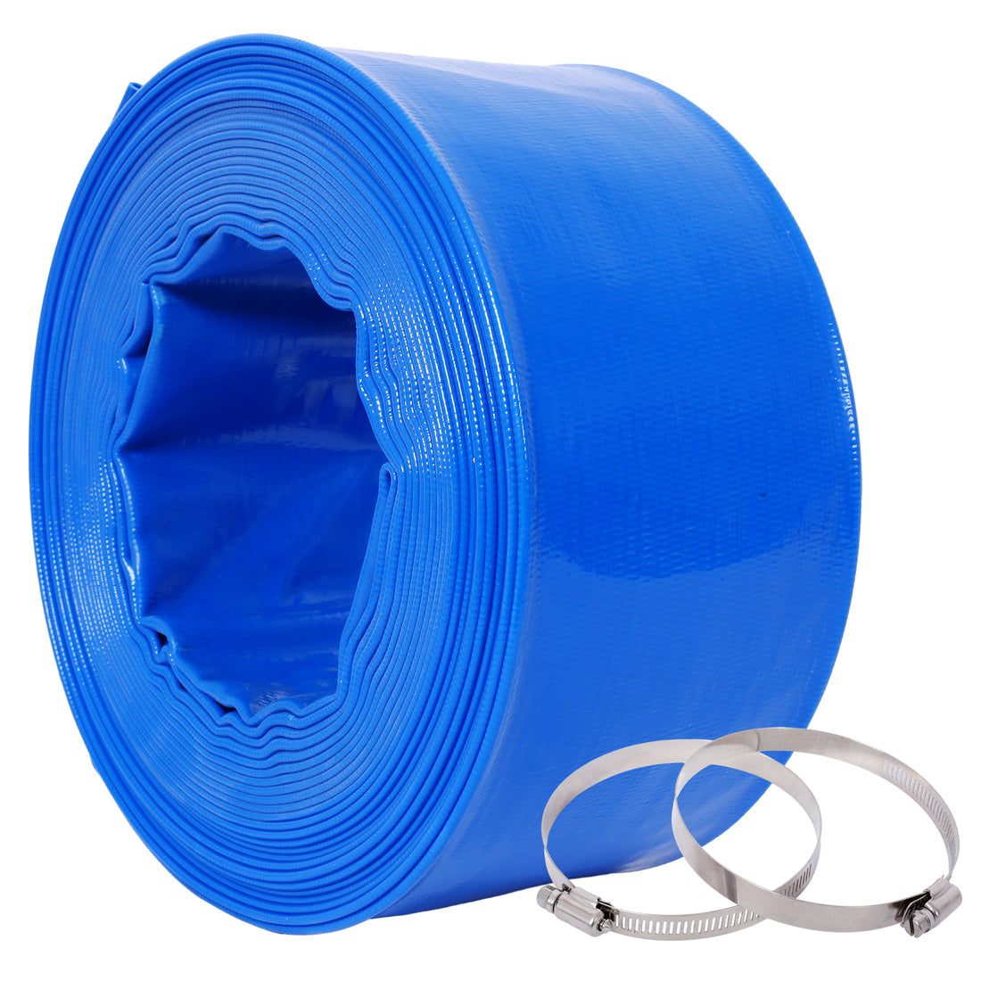 3"X50Ftpool Backwash Hose, Blue Heavy Duty Reinforced Pvc Lay Flat Water Discharge Hose For Swimming Pool Filter Pump,With 2 Clamp Blue Pvc