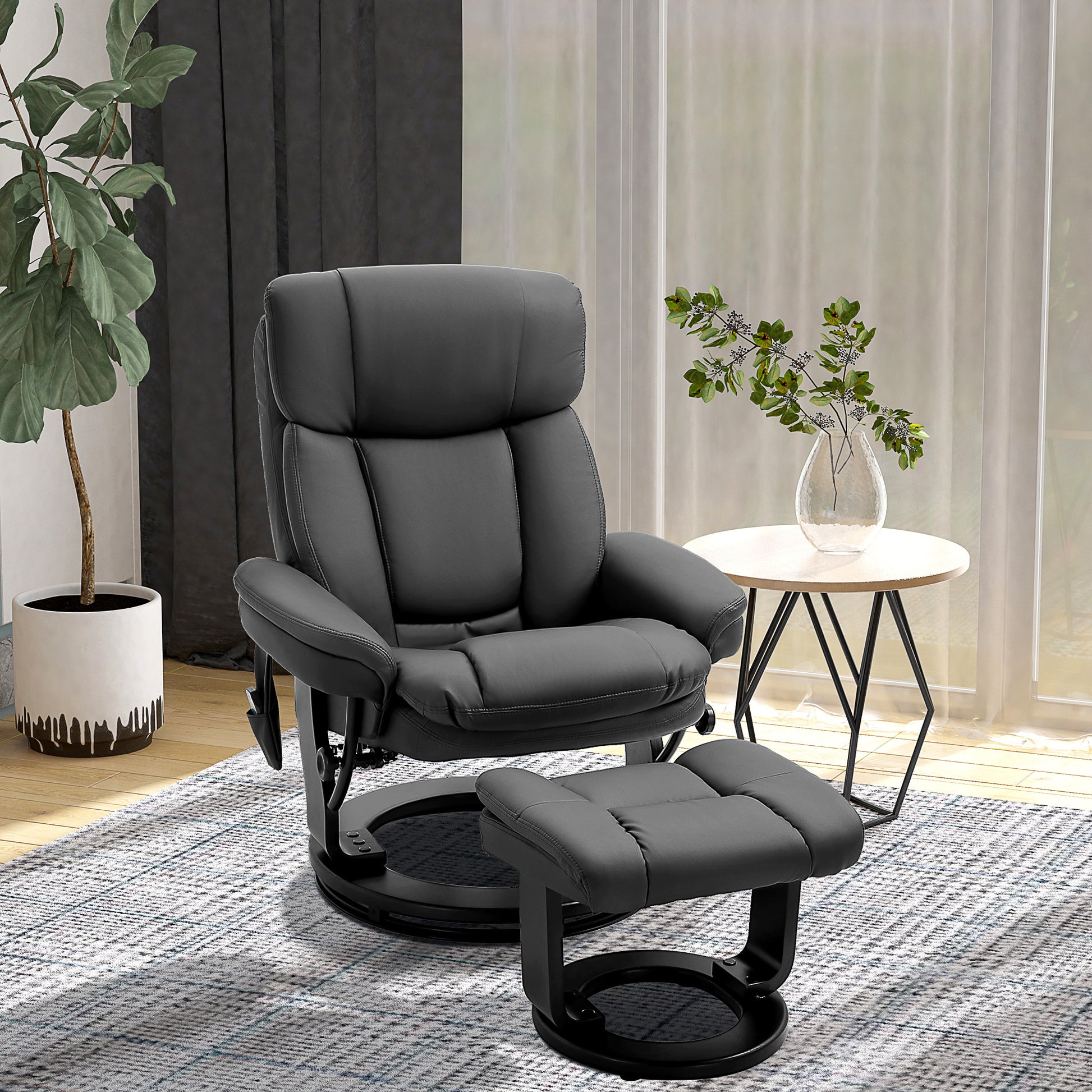 Homcom Pu Leather Massage Recliner Chair With Ottoman 10 Point Vibration Swiveling Armchair, Black Black Wood Metal