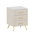 Upholstered Wooden Nightstand With 3 Drawers And Metal Legs&Handles, Bedside Table With Marbling Stickers Worktop Beige Beige Velvet