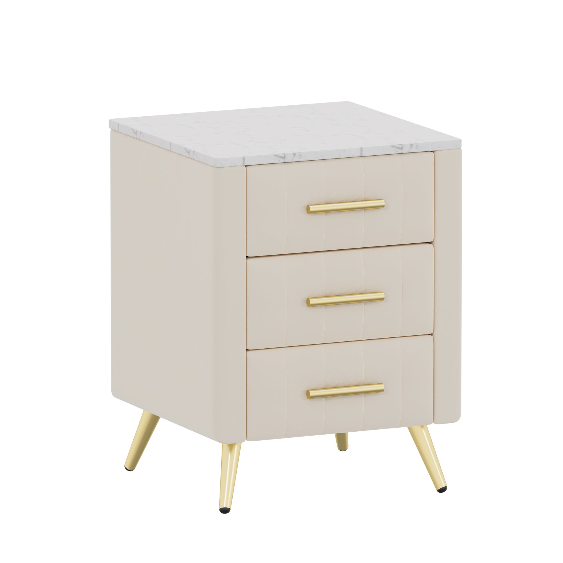 Upholstered Wooden Nightstand With 3 Drawers And Metal Legs&Handles, Bedside Table With Marbling Stickers Worktop Beige Beige Velvet