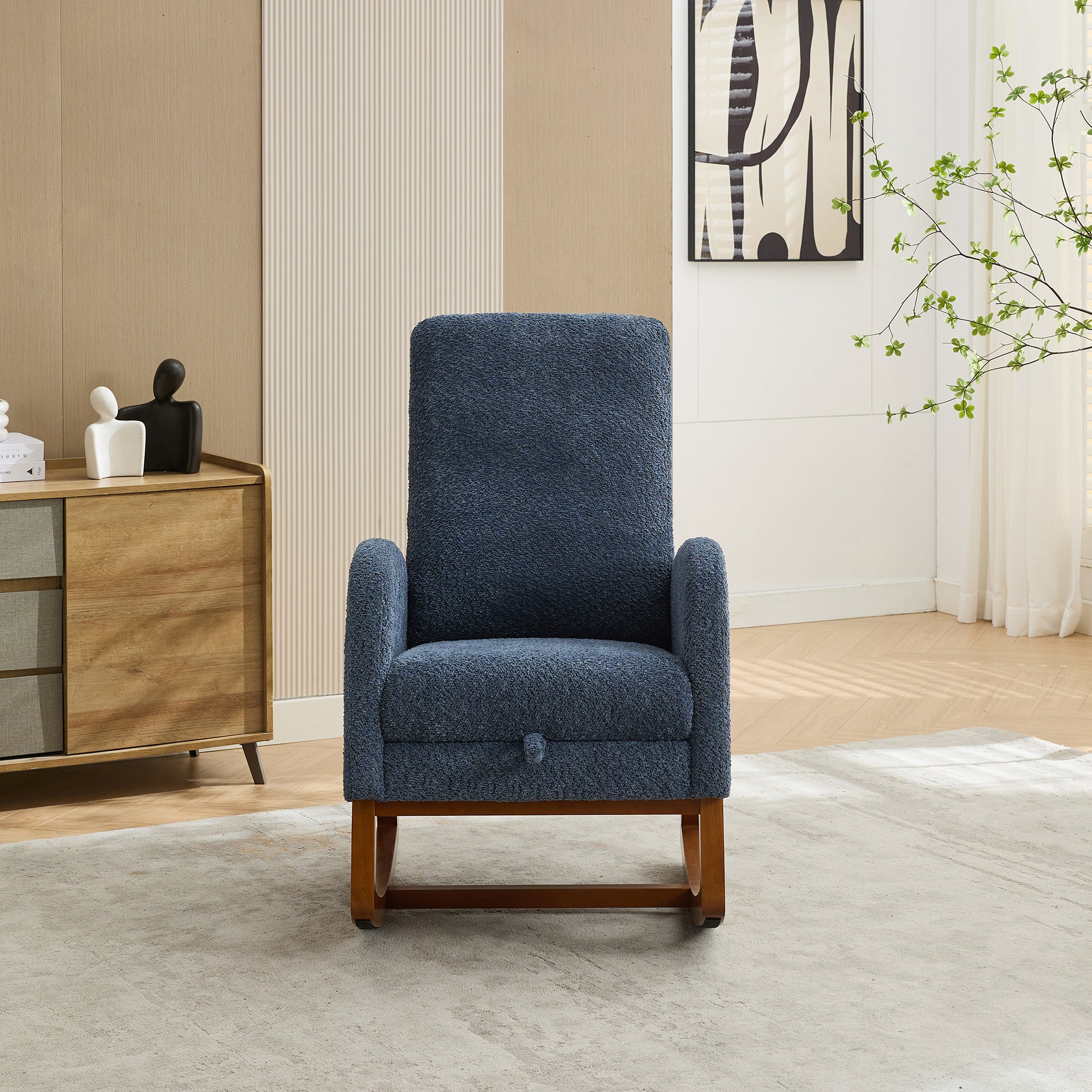 25.4"W Rocking Chair For Nursery, High Back Glider Chair With Retractable Footrest, Side Pocket, Rocking Accent Armchair With Rubber Wood Legs For Living Room Bedroom.Navy Navy Boucle