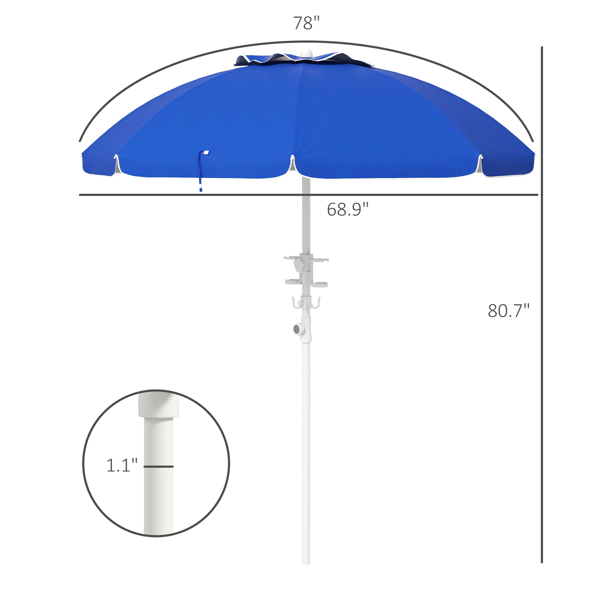 Outsunny 5.7' Portable Beach Umbrella With Tilt, Adjustable Height, 2 Cup Holders & Hooks, Uv 40 Ruffled Outdoor Umbrella With Vented Canopy, Blue Blue Polyester