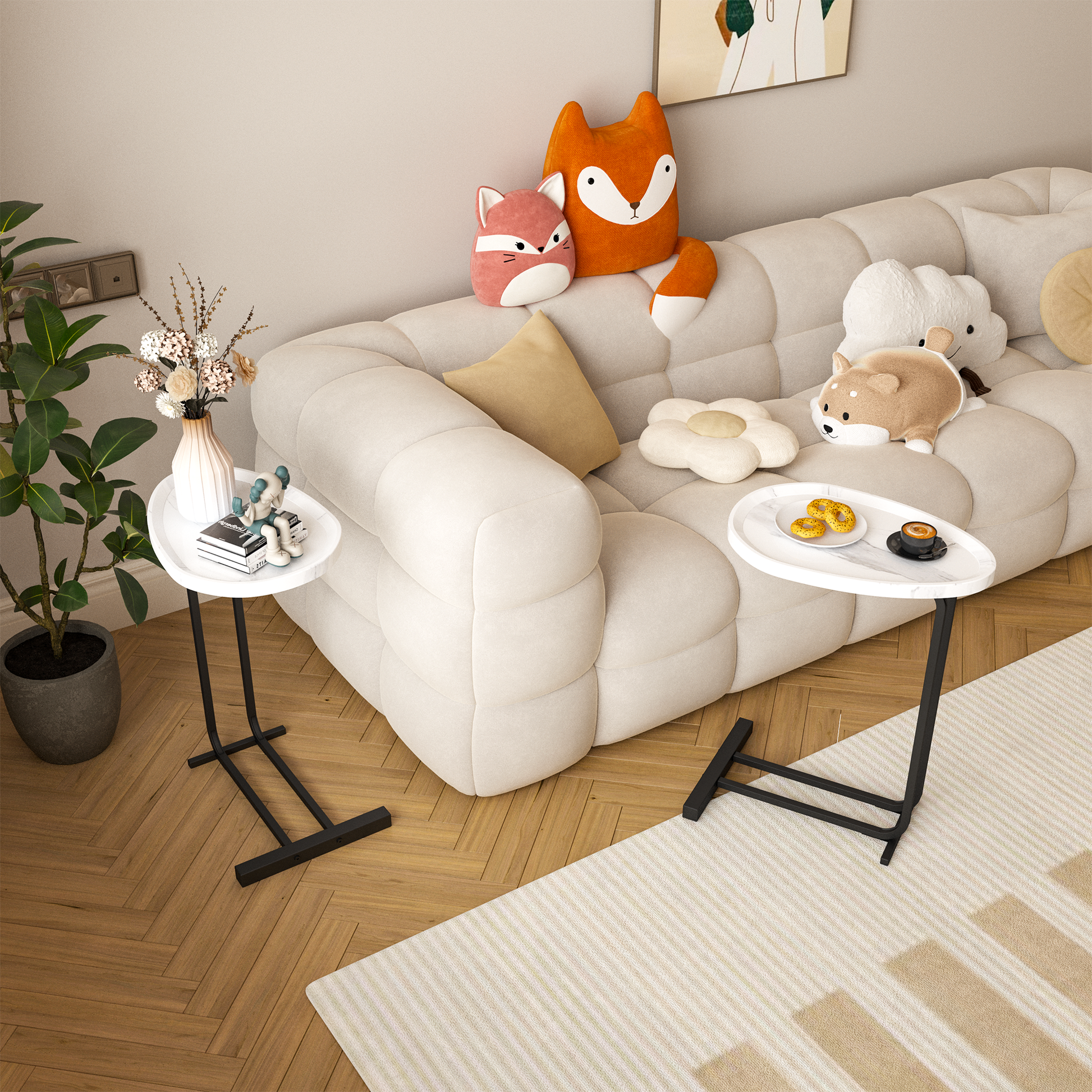 C Shaped Side Table, C Table End Table For Sofa And Bedside, Couch Side Tables, Wood C Shaped End Table With Metal Frame Slide For Bedroom Living Room White White Mdf Metal