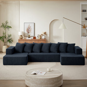 Chenille U Shaped Sectional Sofa Set,Minimalist Style Modular Sectional Sofa, Luxury Chenille Fabric Cloud Couch For Living Room Blue Chenille 6 Seat