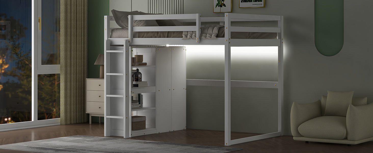 Wood Full Size Loft Bed With Built In Wardrobe And Storage Shelves, Led Light, White Box Spring Not Required Full White Wood Bedroom Bed Frame Solid Wood Mdf