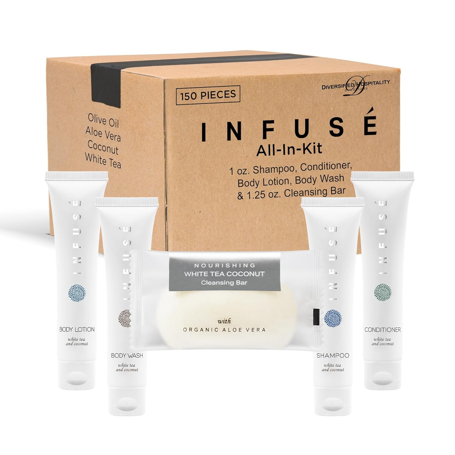 Infuse Pure White Tea And Coconut Hotel Soaps And Toiletries Bulk Set 1 Shoppe All In Kit For Hotels 1Oz Shampoo&Conditioner, Body Wash, Lotion & 1.25Oz Bar Soap Travel Size 150 Pieces White