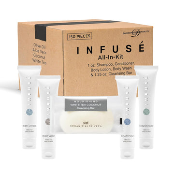 Infuse Pure White Tea And Coconut Hotel Soaps And Toiletries Bulk Set 1 Shoppe All In Kit For Hotels 1Oz Shampoo&Conditioner, Body Wash, Lotion & 1.25Oz Bar Soap Travel Size 150 Pieces White