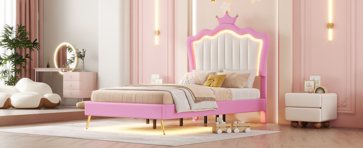 Twin Size Upholstered Bed Frame With Led Lights, Modern Upholstered Princess Bed With Crown Headboard, Pink White Box Spring Not Required Twin Pink White Wood Bedroom Modern Bed Frame Pu