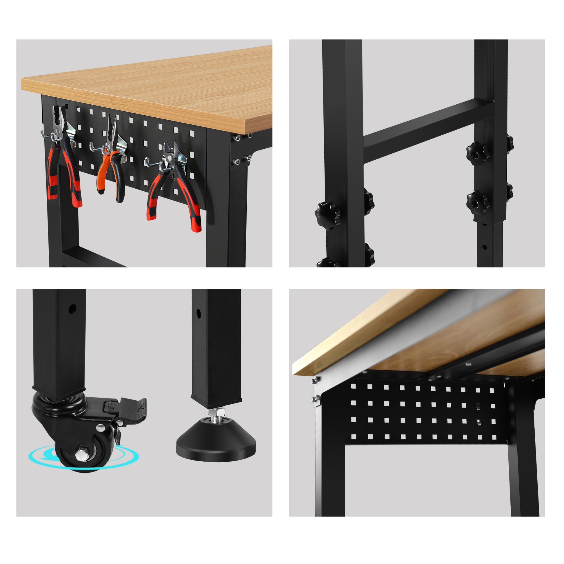60" 24'' Adjustable Workbench, Rolling Heavy Duty Worktable With Power Outlet And Wheels, Large Load Capacity Rubber Wood Top Workbench For Garage, Office, Workshop, Home, Easy Assembly Black Steel