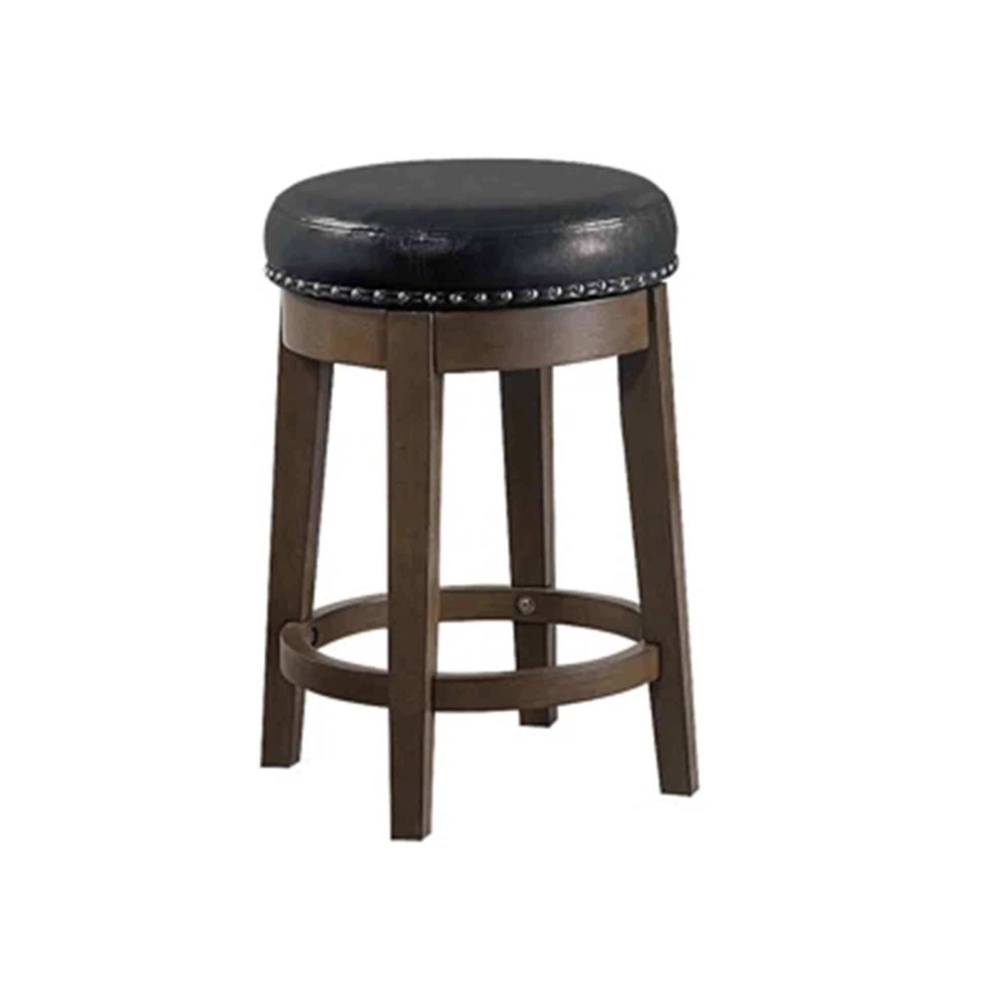 Drue 24 Inch Set Of 2 Swivel Counter Stools, Brown Wood Black Faux Leather Black Brown Wood Fabric