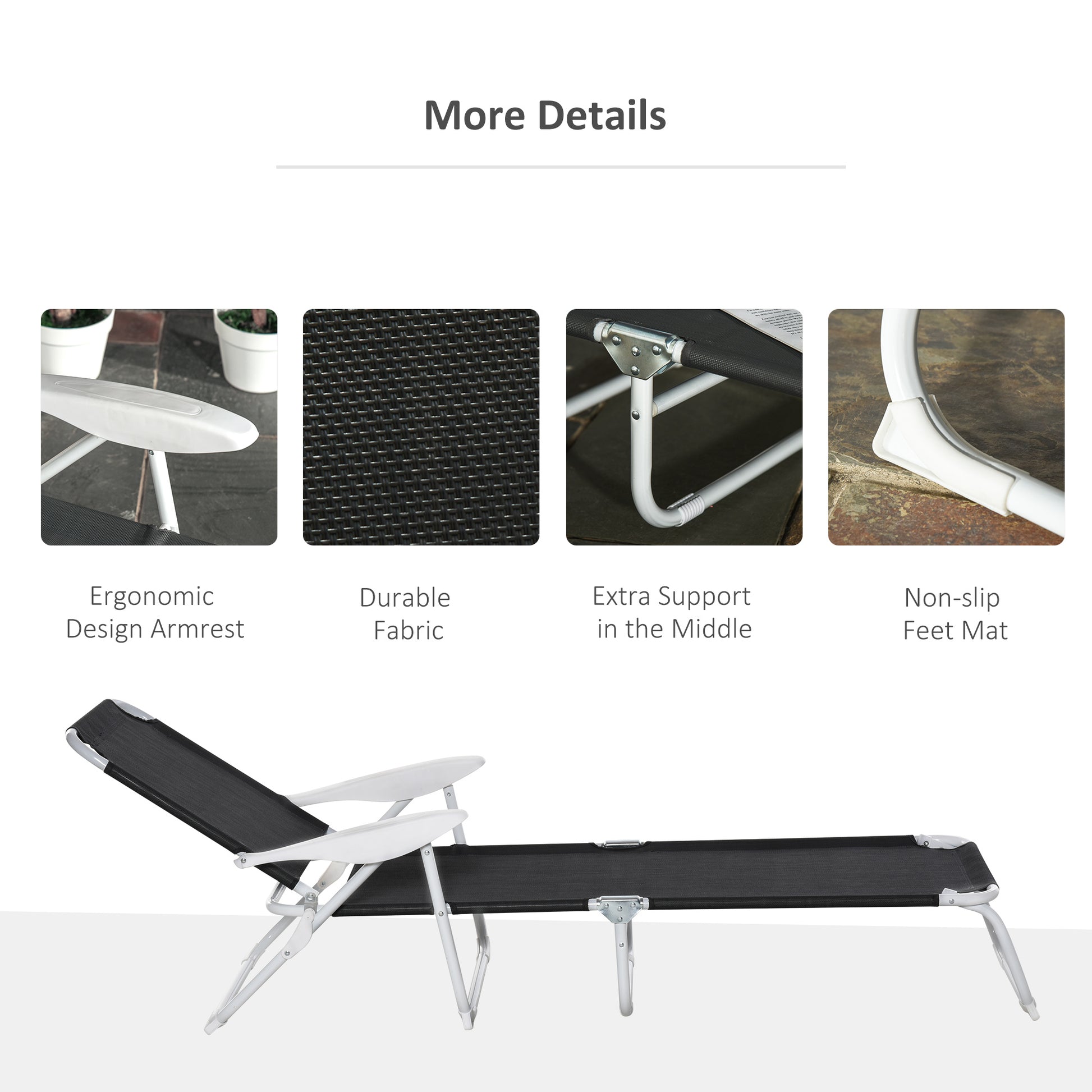 Outsunny Folding Chaise Lounge, Outdoor Sun Tanning Chair, 4 Position Reclining Back, Armrests, Metal Frame And Mesh Fabric For Beach, Yard, Patio, Black Black Metal