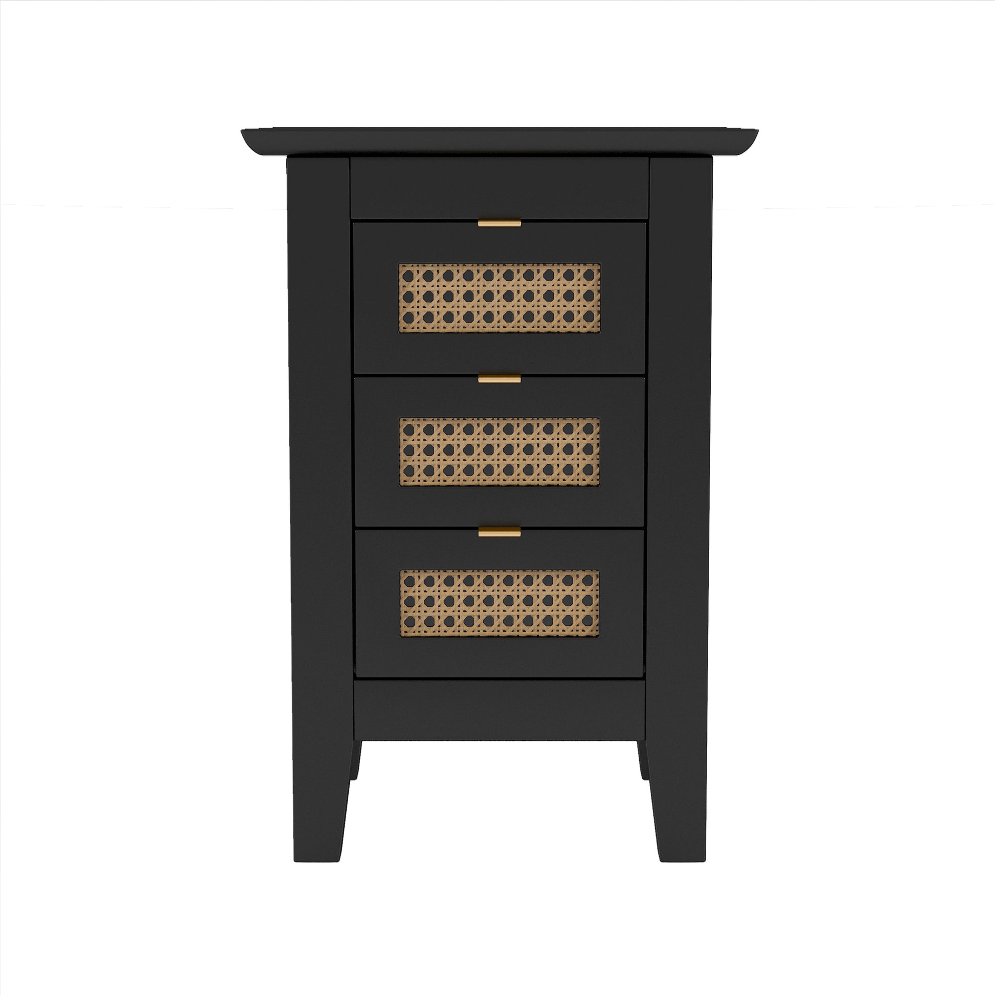 3 Pieces Bedroom Sets Full Size Wooden Platform Bed With Natural Rattan Headboard, Nightstands Set Of 2 With Rattan Woven Surfaces And Three Drawers For Bedroom, Black Black Particle Board
