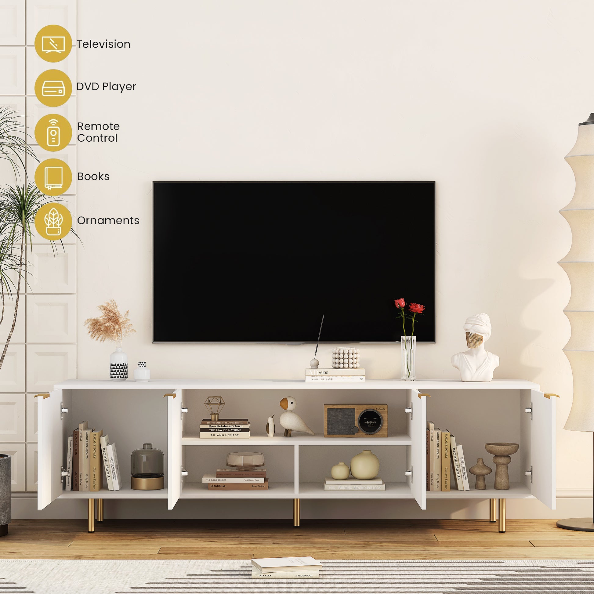 White Modern Tv Stand Fluted 68" With Power Outlet, Entertainment Center With Storage Doors, Tv Console Media Cabinet, For 55 Inch Tv, Living Room White 70 79 Inches Mdf