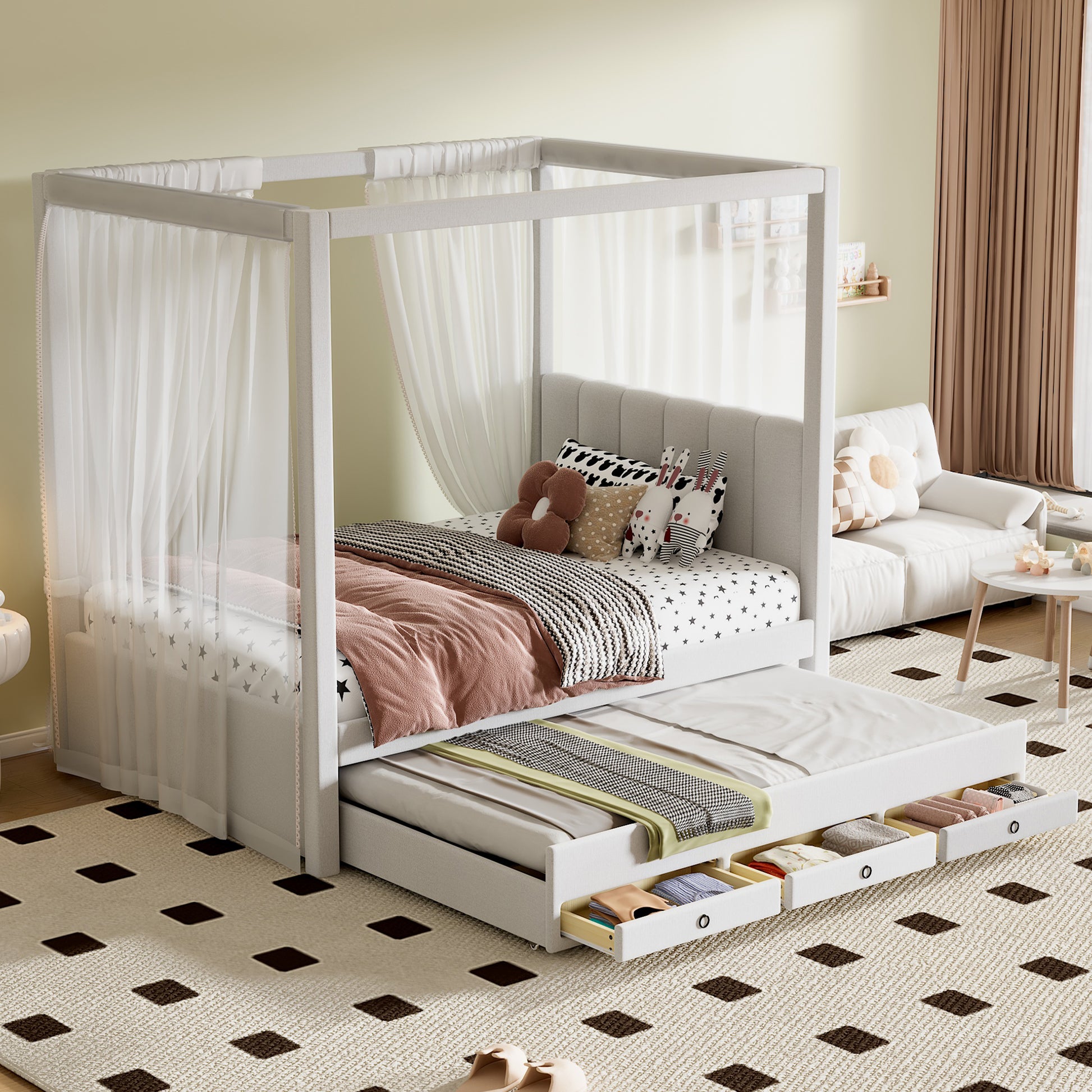 Twin Size Upholstery Canopy Platform Bed With Trundle And Three Storage Drawers, Beige Twin Beige Upholstered