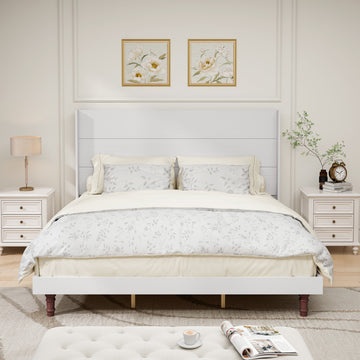 Stylish High Headboard Bed, 54 "High Headboard, High Quality, Comfortable High Back Design Ideal For Reading Or Relaxing, King Size, White Box Spring Not Required White Mdf