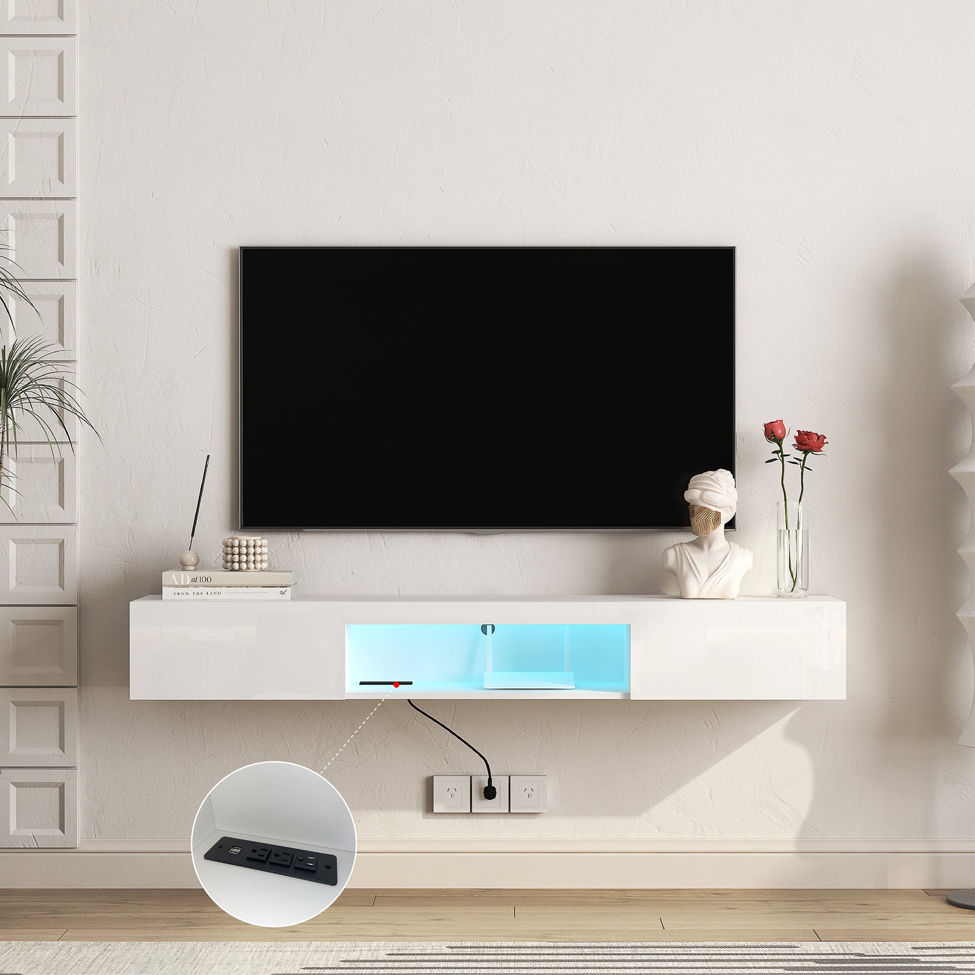 Floating Tv Stand Wall Mounted With 20 Color Leds,63" Modern Tv Stand,Floating Tv Cabinet Entertainment Center For 55 60 65 Inch Tv,White White 60 69 Inches Mdf