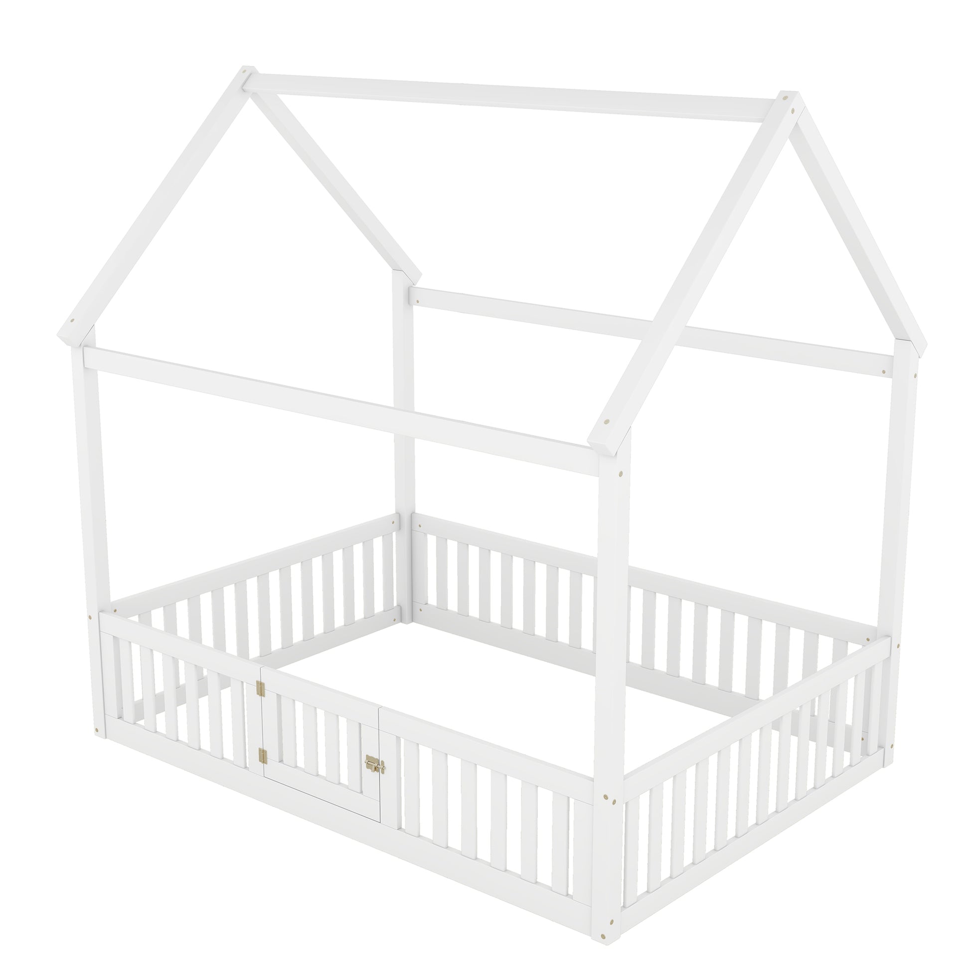Full Size Wood House Bed With Fence And Door, White Old Sku: Wf303134Aak Box Spring Not Required Full White Wood Bedroom Bed Frame Pine