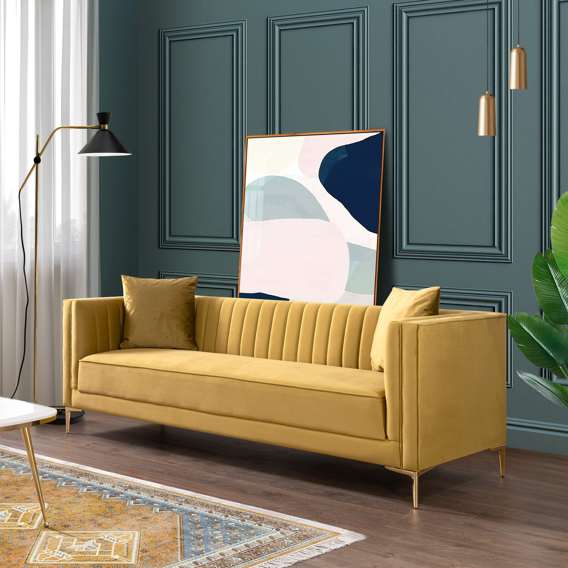 Angelina Sofa 91" Yellow Mustard Velvet Mustard Yellow,Yellow Velvet Wood Primary Living Space Medium Firm Tufted Back Mid Century Modern Foam Metal,Velvet 4 Seat