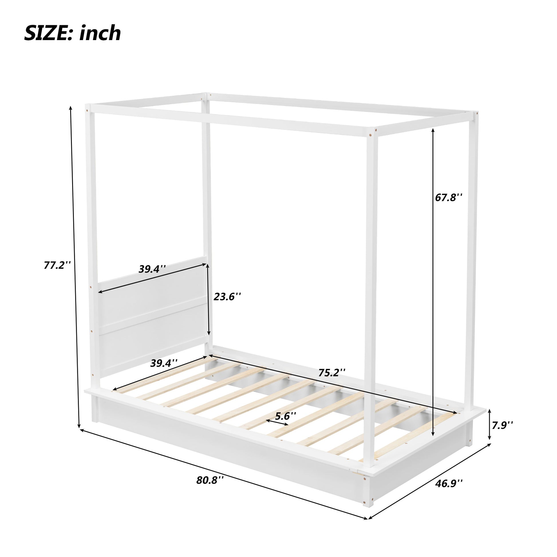 Twin Size Wood Led Canopy Bed, Canopy Platform Bed With Support Slats, No Box Spring Needed, White Twin White Plywood