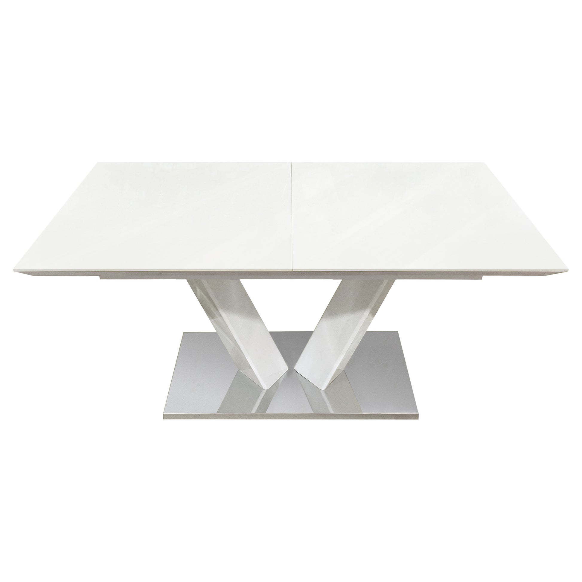 Sleek Contemporary Style Dining Table White High Gloss Finish Tabletop Self Storing Extension Leaf V Shaped Support Chrome Base Plate Dining Room Furniture 1Pc White Seats 6 Dining Room Contemporary,Modern Kitchen & Dining Tables Rectangular Metal,Wool