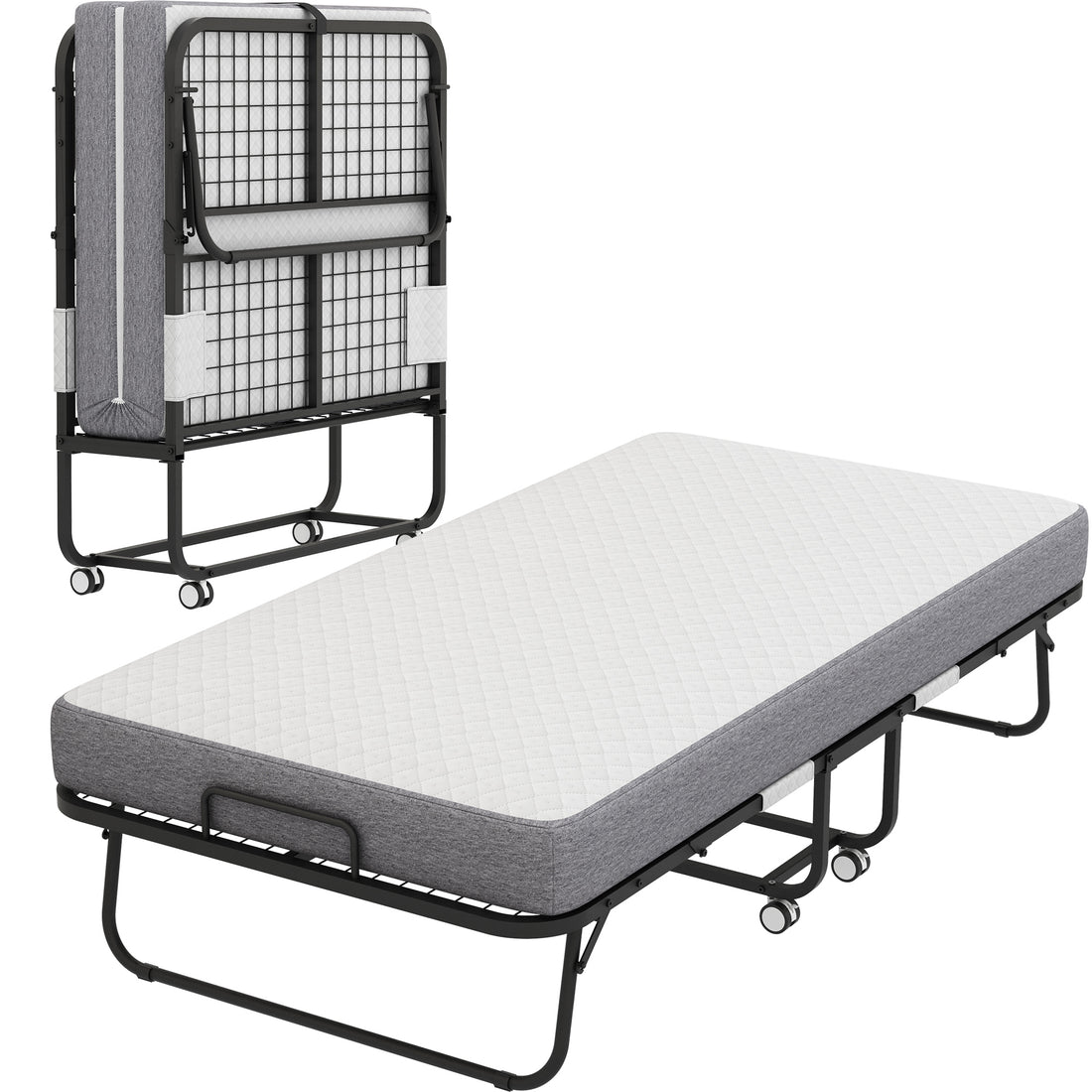 Folding Bed With Mattress 75" X 38" Rollaway Guest Bed Portable Foldable Bed For Adults With 5" Memory Foam Mattress Space Saving Sturdy Metal Frame Twin Black Iron Modern Polyester Iron