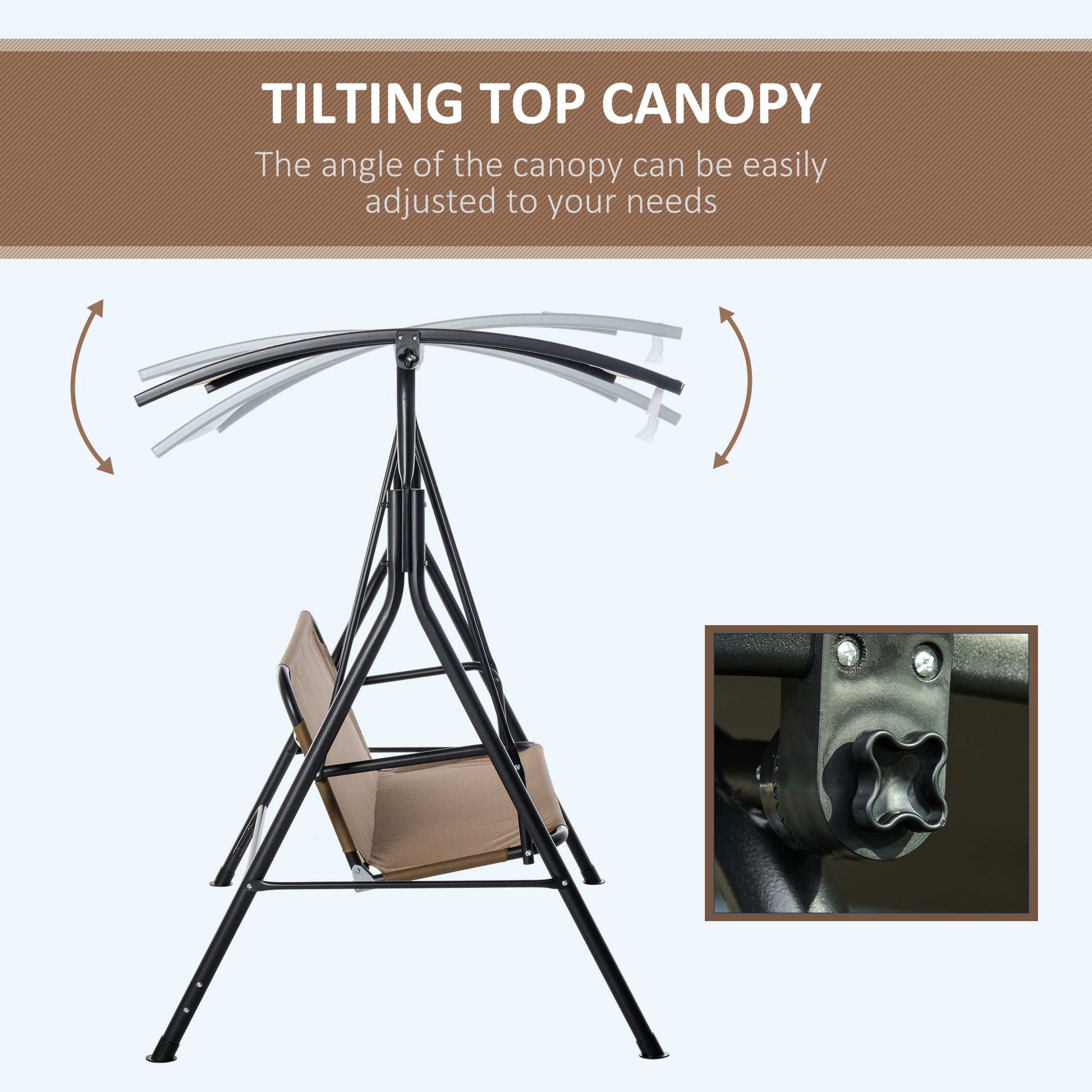 Outsunny 3 Person Porch Swing With Stand, Outdoor Swing For Patio Porch With Adjustable Tilt Canopy And Comfortable Swing Bench Style Seat, Steel Frame, Brown Brown Plastic