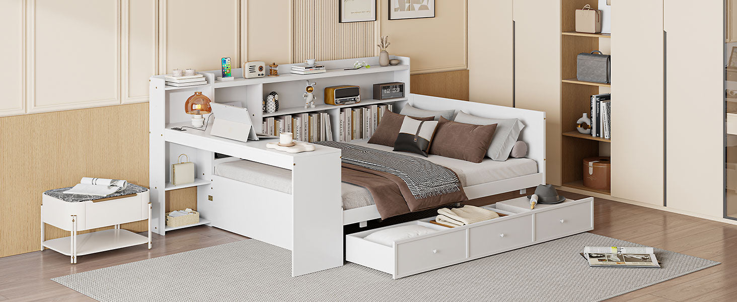 Full Size Wooden Daybed With 3 Drawers, Usb Ports And Desk ,White Twin White Wood