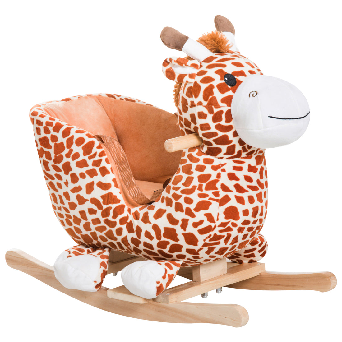 Qaba Kids Plush Rocking Horse Giraffe Style Themed Ride On Chair Toy With Sound Brown Brown Wood