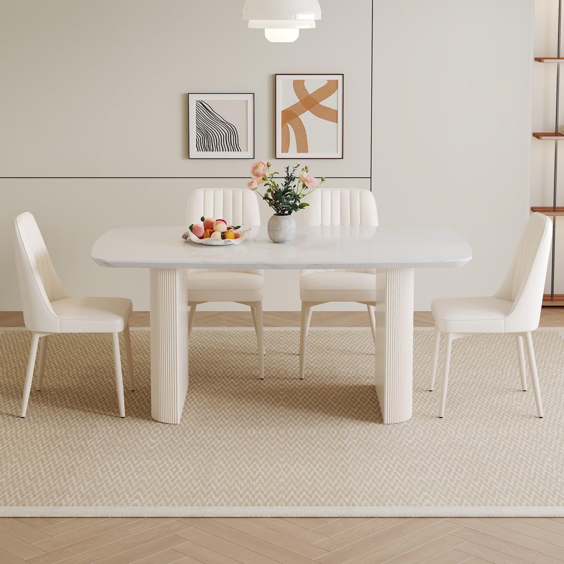 Table And Chair Set.67*35.4 Cream Style Mdf White Dining Table Set With 4 Cream Style Chairs.Adding A Warm And Gentle Atmosphere To Your Family.Creating A Comfortable And Friendly Dining