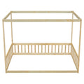 Full Size Canopy Frame Floor Bed With Fence, Guardrails,Natural Full Natural American Design Pine