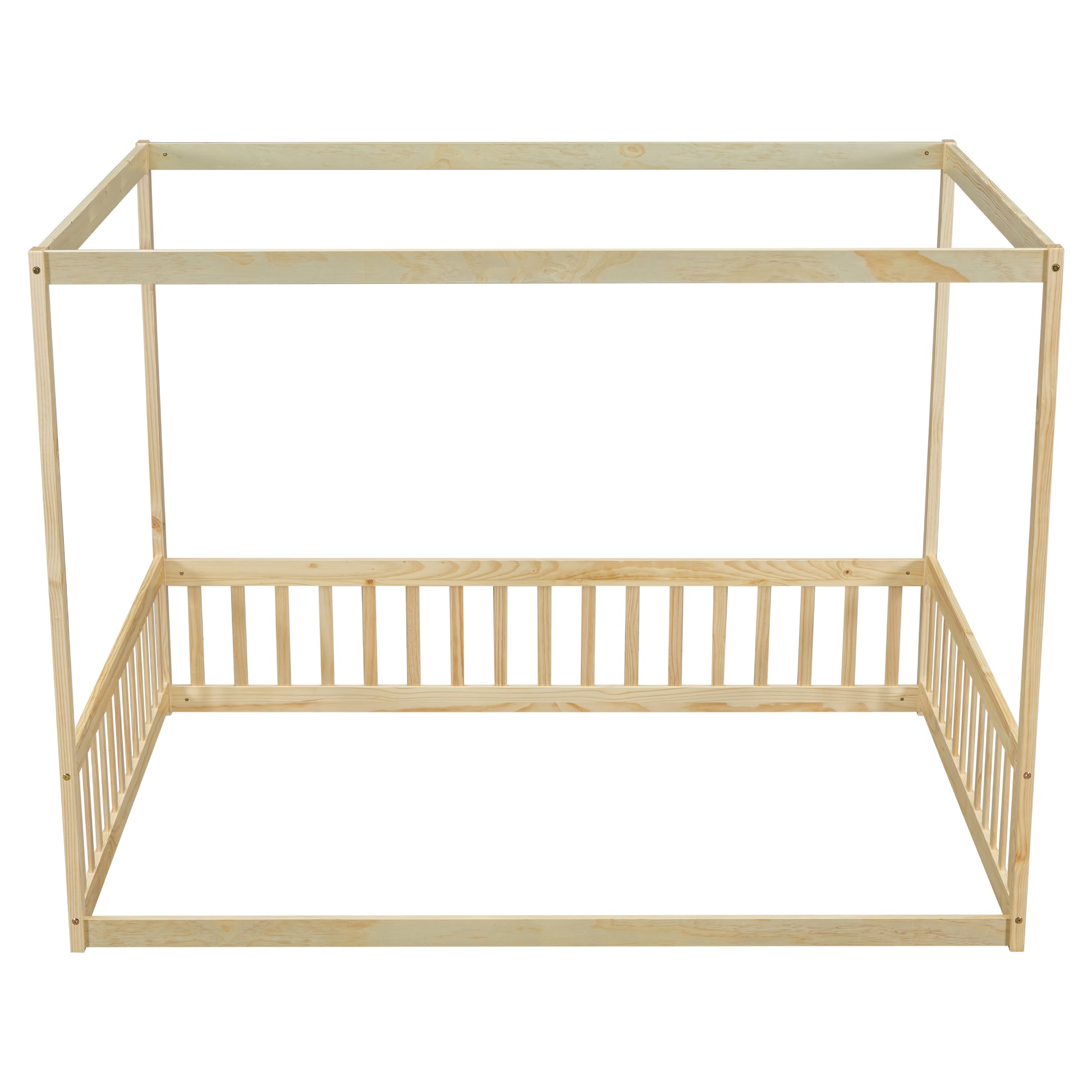 Full Size Canopy Frame Floor Bed With Fence, Guardrails,Natural Full Natural American Design Pine