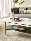Coffee Table Ceramic Coffee Table, Mdf Painting Double Layer Coffee Table For Living Room, White Ceramic And Coffee Brown Bottom Shelf Black White Ceramic Mdf