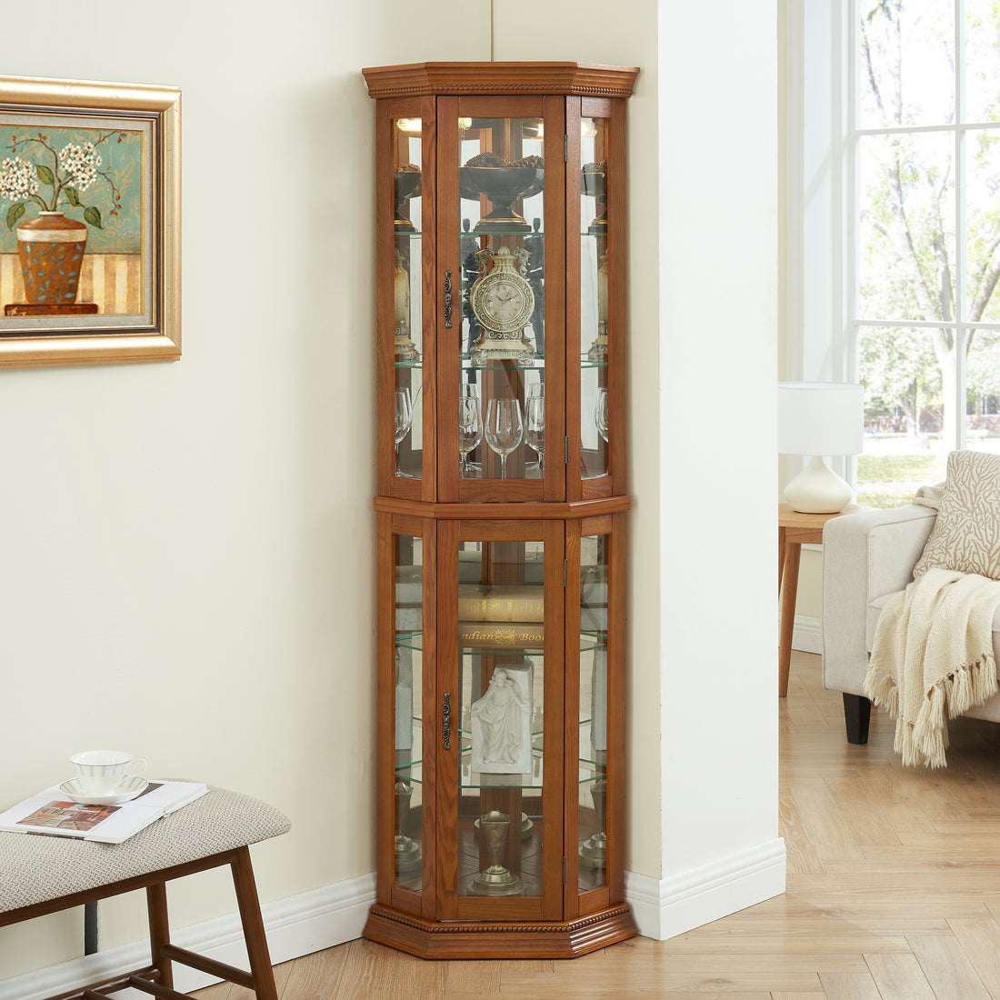 Corner Curio Cabinet Lighted Corner Display, Glass Display Shelf Shelving Bar Cabinet With Tempered Glass Door, Bar Cabinet,Cabinet With Adjustable Shelf Glass Cabinet Shelves Bead Bulb Included Oak Oak Mdf Glass