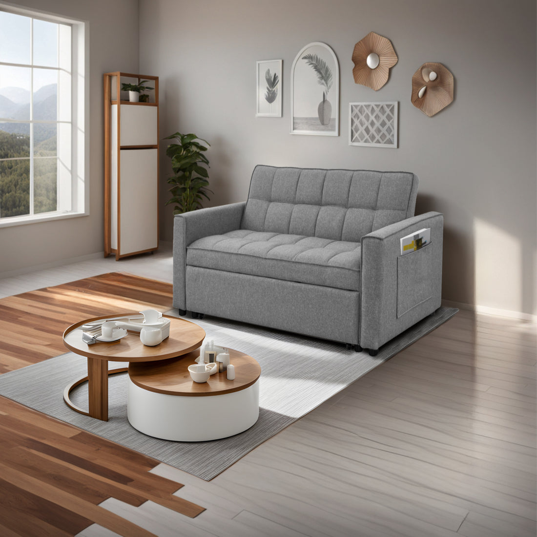 Stylish Grey Pull Out Sofa Bed With Woven Polyester Fabric & Solid Wood Frame Gray Polyester 2 Seat