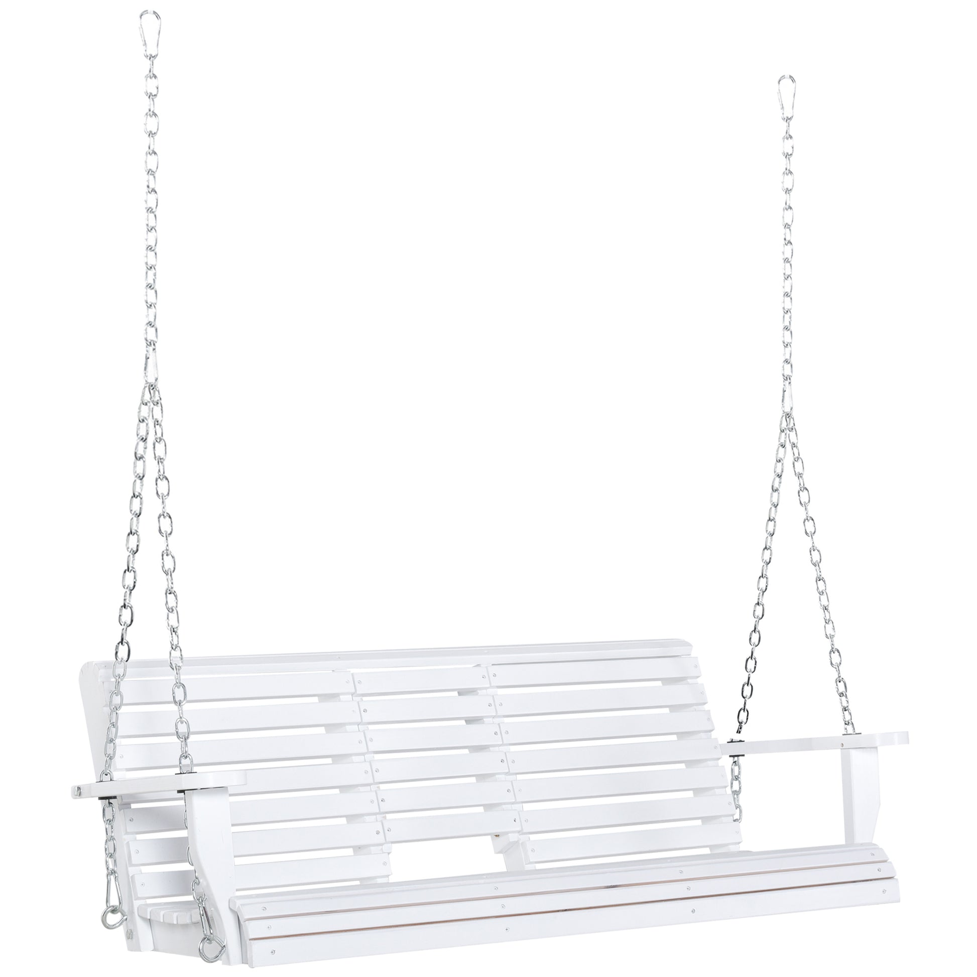 Outsunny 3 Seater Wooden Porch Swing, Patio Swing Bench With Folding Coffee Table, Cup Holders And Chains Included, 440Lbs Weight Capacity, White White Wood