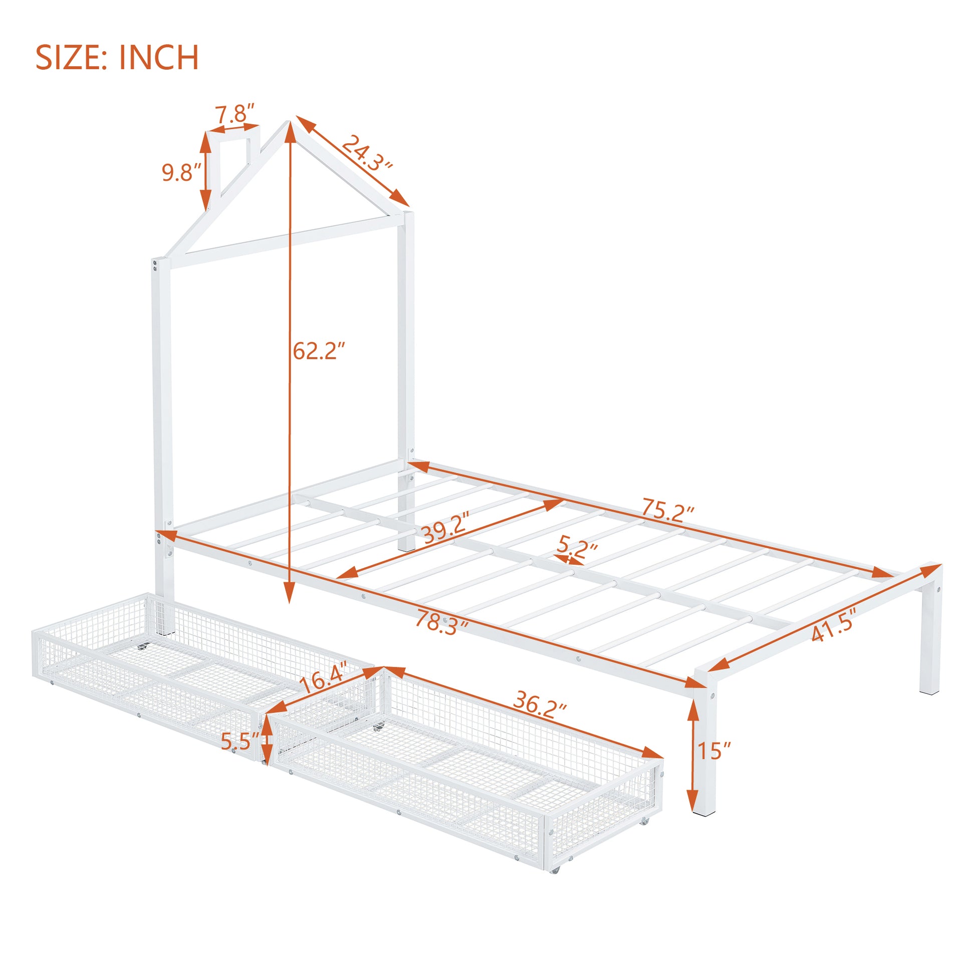 Twin Size Metal Platform Bed With Two Drawers,House Shaped Headboard Design, White Twin White Metal