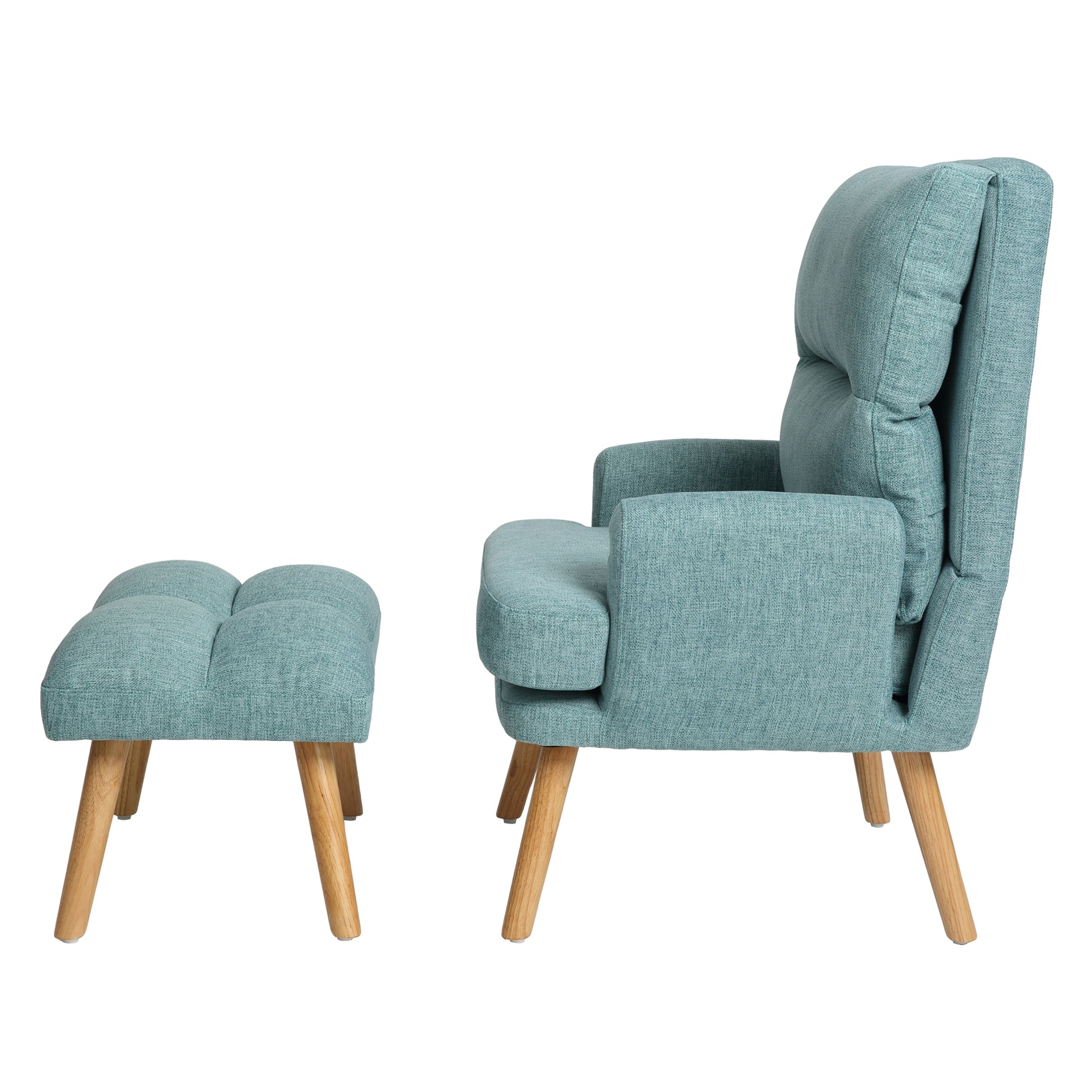 Accent Chair With Ottoman Set, Fabric Armchair With Wood Legs And Adjustable Backrestmid Century Modern Comfy Lounge Chair For Living Room, Bedroom, Reading Room And Study Green Textile 1 Seat