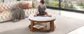 Modern Large Round Ottoman Coffee Table 2 Tier Oversized Button Tufted Ottoman With Wood Shelf Storage Upholstered Coffee Table For Living Room Footrest Ottoman With Wheel, Waterproof Linen Ivory White Rubber Wood