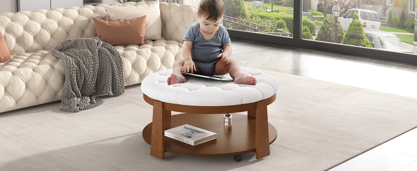Modern Large Round Ottoman Coffee Table 2 Tier Oversized Button Tufted Ottoman With Wood Shelf Storage Upholstered Coffee Table For Living Room Footrest Ottoman With Wheel, Waterproof Linen Ivory White Rubber Wood