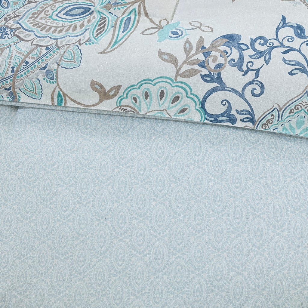 8 Piece Cotton Floral Printed Reversible Comforter Set Blue King King Blue Cotton