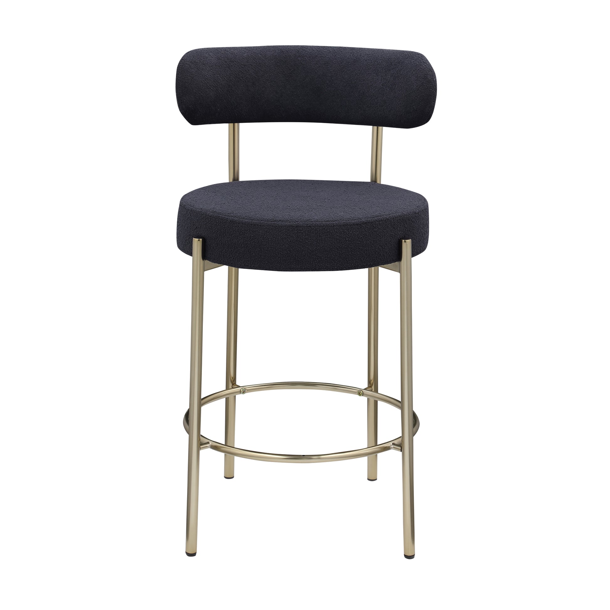 Modern Sherpa Counter Height Stools Set Of 2, Uphsoltered 26" Seat Height Barstools With Brushed Brass Metal Legs Round Low Back Kitchen Stools With Footrest For Dining Room, Black Iron Black Gold Dining Room Foam Round Dining Chairs Foam Metal