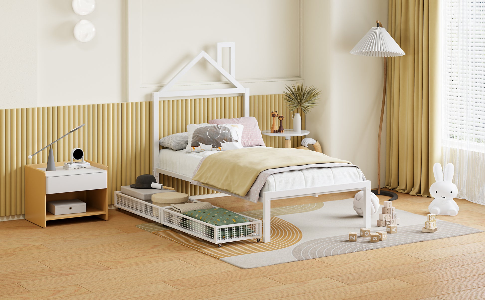 Twin Size Metal Platform Bed With Two Drawers,House Shaped Headboard Design, White Twin White Metal