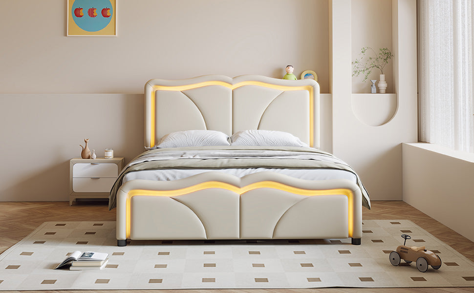 Full Size Upholstered Platform Bed With Curve Shaped And Height Adjustbale Headboard,Led Light Strips,White Full White Upholstered