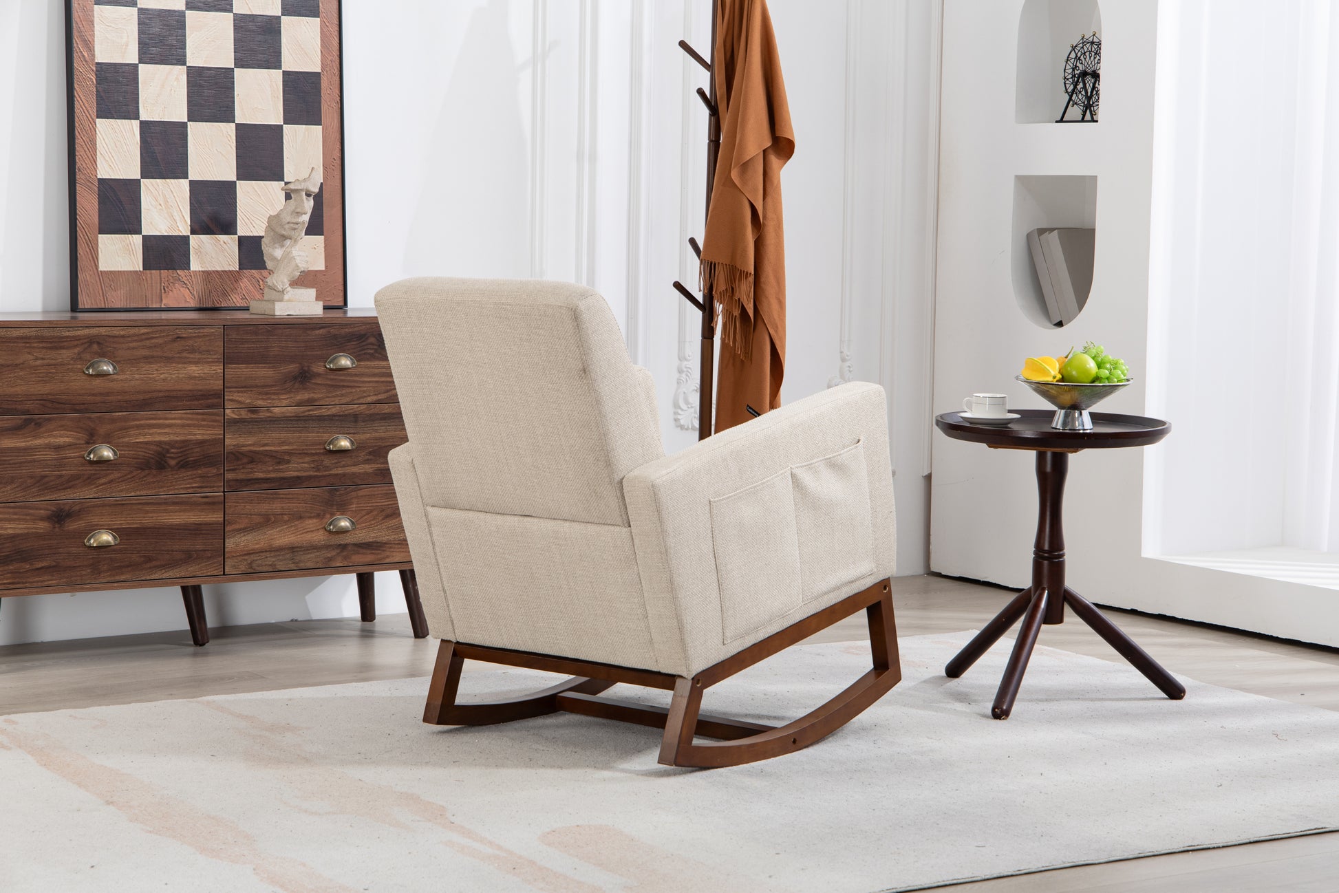 Mid Century Modern Accent Chair With Wood Frame, Upholstered Living Room Chairs With Waist Cushion, Reading Armchair For Bedroom Sunroom Grey White Linen