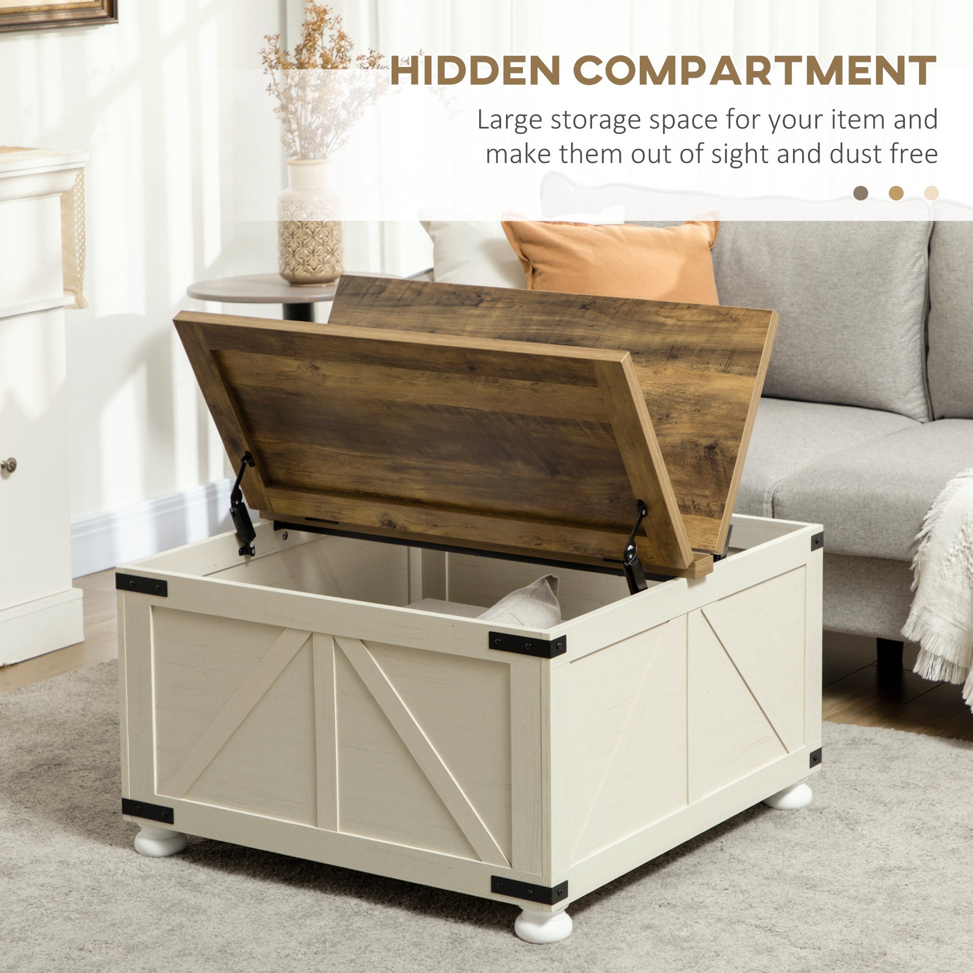 Homcom Farmhouse Coffee Table With Storage, Large Square Coffee Table Antique White Particle Board