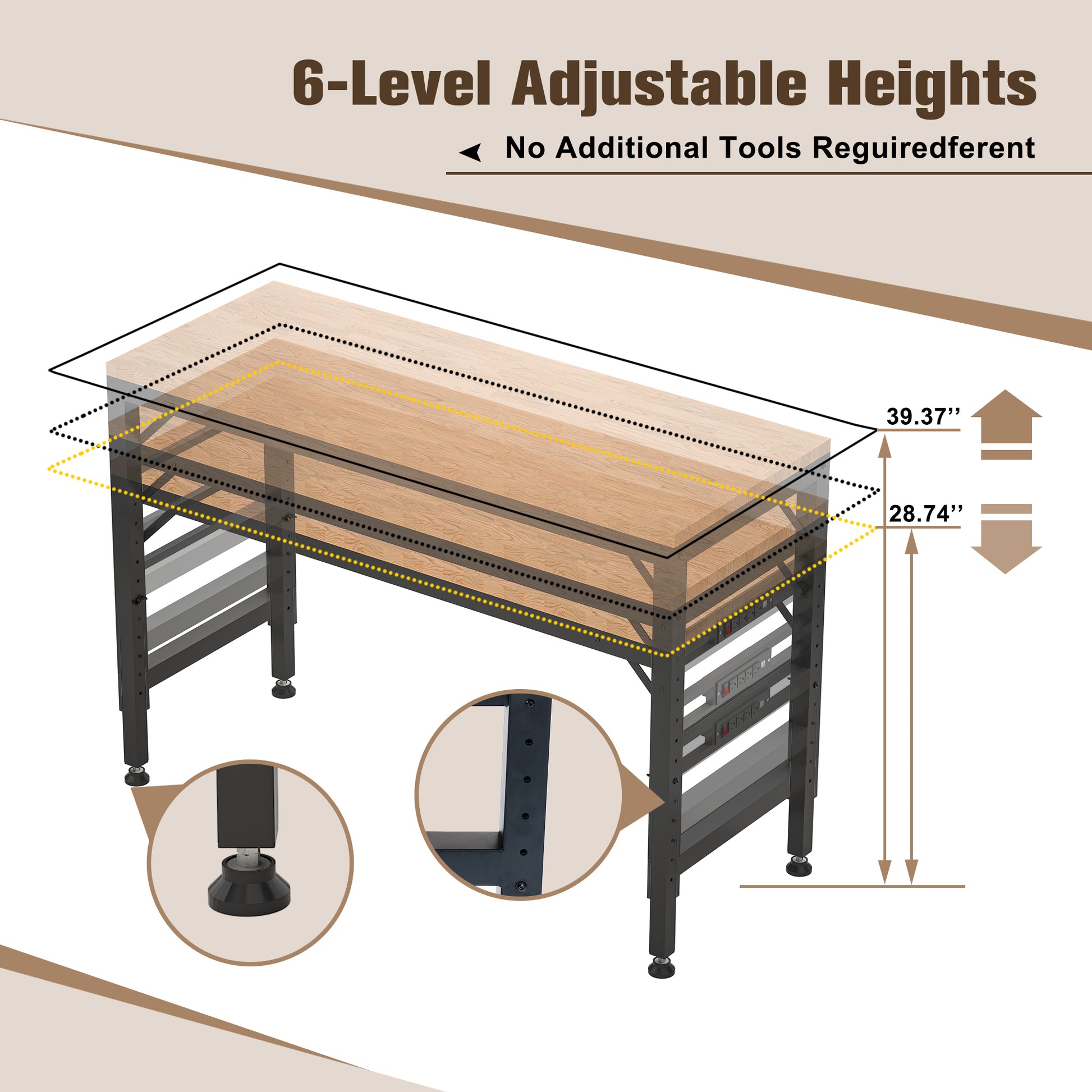 Adjustable Height Workbench, 60" Rubber Wood Top Heavy Duty Workstation With Power Outlets, 2000 Lbs Load Capacity Hardwood Worktable For Workshop, Garage, Office, Home, Commercial Black Metal & Wood