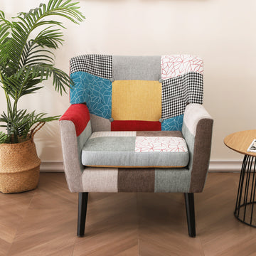 Patchwork Accent Chair, Mid Century Modern Fabric Club Chair For Bedroom Comfy, Colourful Single Sofa Chair For Livingroom, Bedroom, Office, Study And Reading Room Colorful Textile