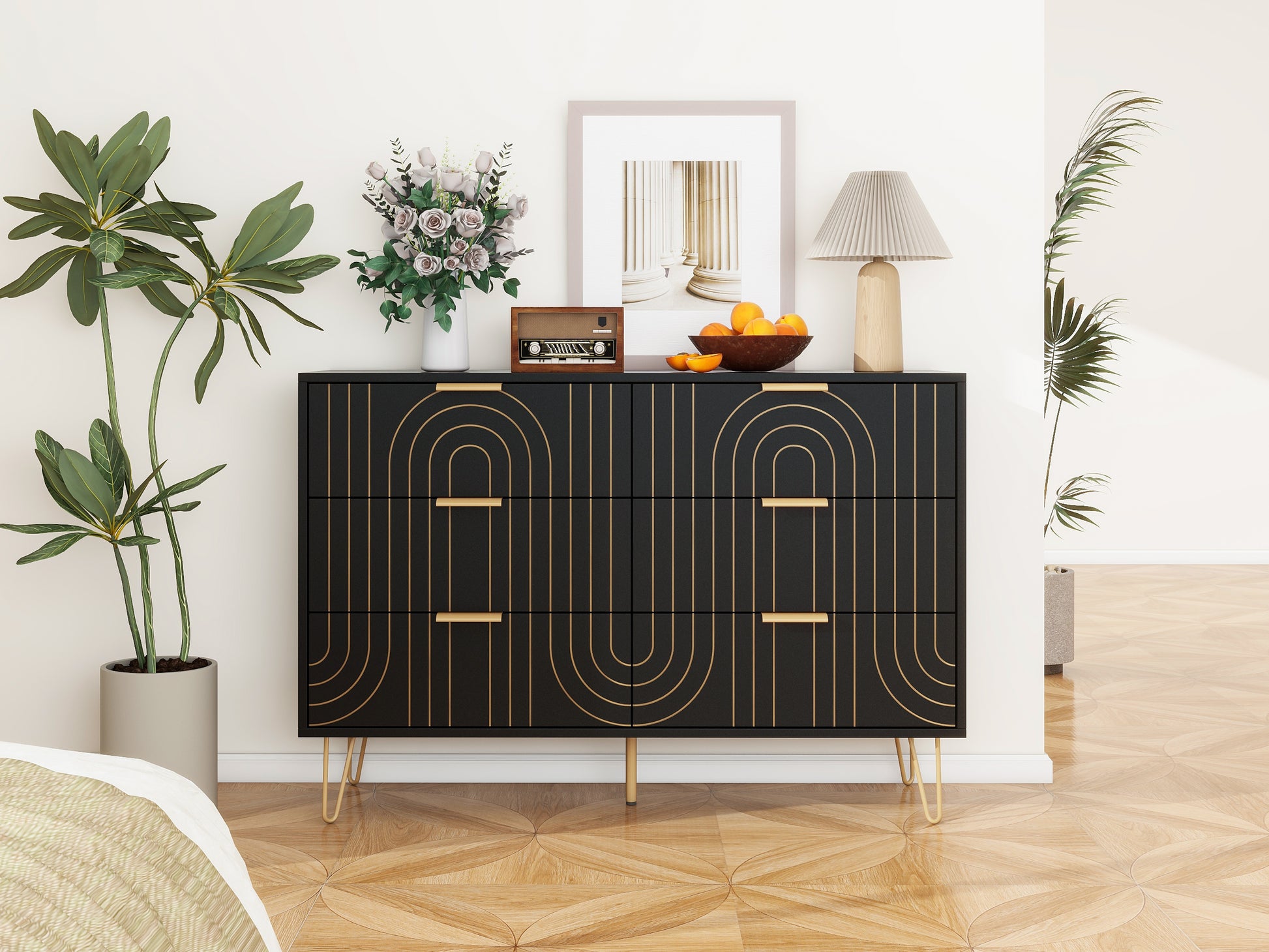 Modern 6 Drawer Dresser, Modern Dresser With Metal Handles, Storage Chest Of Drawer, Wide Dresser Drawer Organizers With Carving Design For Bedroom, Living Room, Hallway 5 Or More Drawers Black Modern Particle Board Mdf